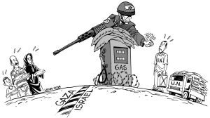 Dessin par Carlos Latuff, dépitant le blocus de vivres sur Gaza 