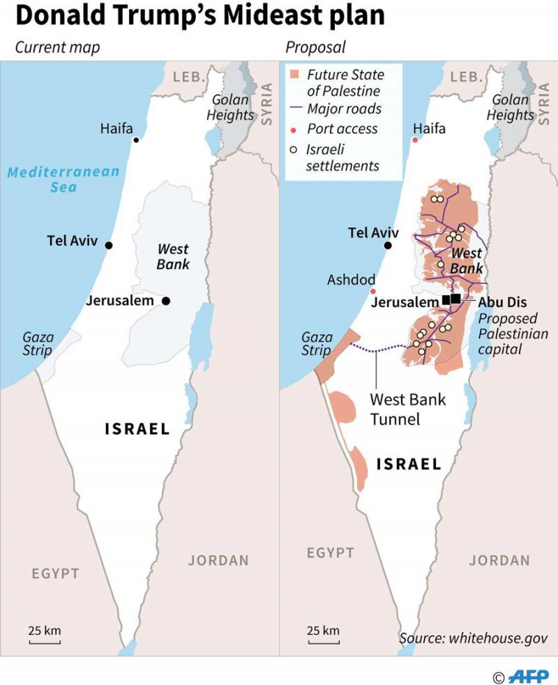 مقترح ترامب حسب وثائق "صفقة القرن" التي اعلن عنها في البيت الابيض في واشنطن يوم 28 كانون الثاني