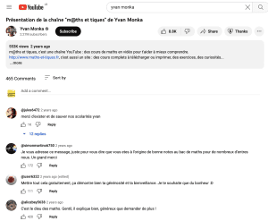 Commentaires d'élèves sur le Youtube account de Yvan Monka